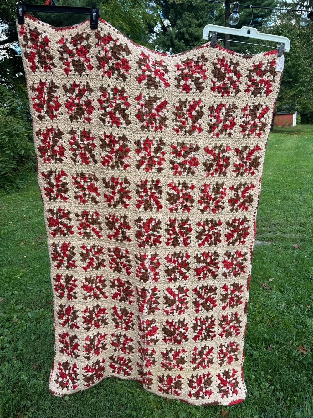 Handmade Crochet Holiday Throw Blanket in Cream, Red & Brown